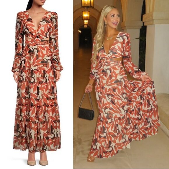 Gianni Bini Dresses & Skirts - Gianni Bini Lillian Maxi Dress Size 12 Copper Palm Print Tiered Cut Out NEW